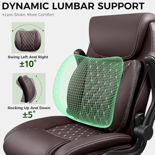 Office Chair, Ergonomic Executive Desk Chair with Lumbar Support for Lower Back Pain Relief, Padded Flip-Up Armrests, Leather Home Office Chair, Coffee - Image 4