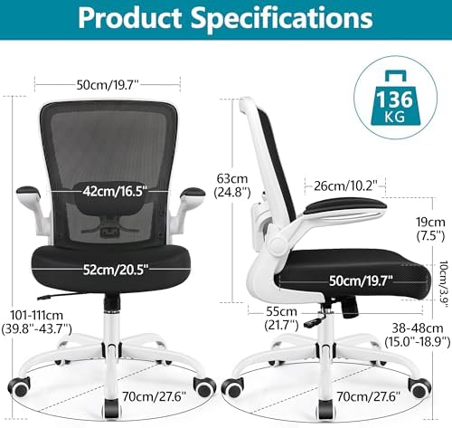 FelixKing Office Chair, Ergonomic Desk Chair Breathable Mesh Chairs Adjustable High Back Lumbar Support Flip-up Armrests, Executive Rolling Swivel Comfy Computer Chairs Home Office White - Image 3