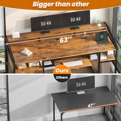 SEDETA 63" Computer Desk, Office Desk with Lock Drawers for Legal/Letter File, Gaming Desk with LED Light & Power Outlet, Home Office Desks for Printer, Rustic Brown - Image 5