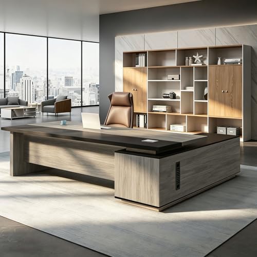 L Shaped Executive Desk with Drawers, Large Office Desk with Storage Cabinet, Wood L Shape Desk for Home Office or Business Workspace, Left or Right Cabinet Option, Multiple Sizes & Colors by Unknown