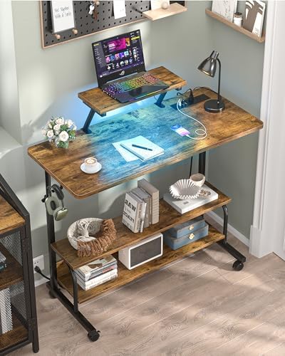 Height Adjustable Standing Desk with Power Outlets and LED Lights - 39" Manual Stand Up Desk with Monitor Stand and Storage Shelves Small Mobile Rolling Computer Desk Portable Laptop Table, Rustic - Image 2