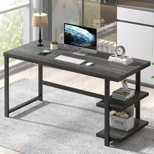 FOLUBAN Home Office Desk, Modern Computer Desk with Storage Shelf, Wood Study Writing Gaming Table for Bedroom Living Room, Industrial Dark Gray, 53 Inch by FOLUBAN