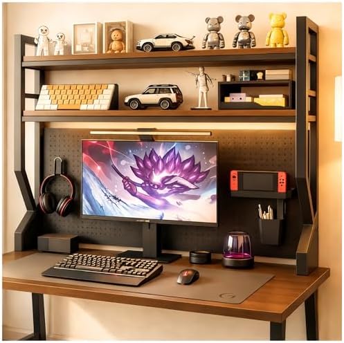 Desktop Hutch Bookshelf,Many Gifts,Metal Desktop Bookcase with pegboard, Desk Shelf Brown, Countertop Storage Organizer Rack for Dorm or Office,Desktop Shelves (Walnut+Black, 45.3" Lx9.9 Wx39 H) by Unknown