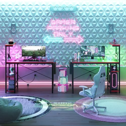 Bestier Gaming Desk with Power Outlets, 44 Inch Led Gamer Desk with 4 Tiers Reversible Shelves, PC Gaming Table with Headset Hook & Side Storage Bag for Bedroom (Black 3D Carbon Fiber) - Image 3