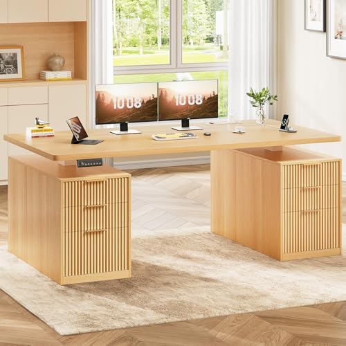 SEDETA Electric Standing Desk with 6 Drawers, 55" Adjustable Stand up Desk with Storage, Fluted Computer Desks with Power Outlets for Home Office, Oak by SEDETA