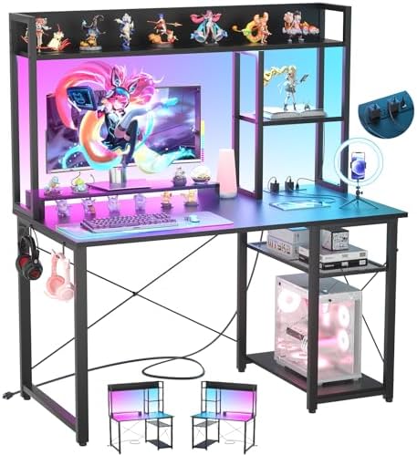 Cyclysio Gaming Desk with Hutch, 39'' Computer Desk with LED Lights & Power Outlets, Home Office Desk with Reversible 5 Tiers Storage Shelves & Monitor Stand, Small Gaming Table for Small Space, Black by Cyclysio