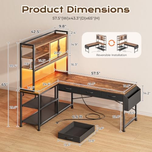 PRAISUN 57.5 Inch L Shaped Gaming Desk with Power Outlets and LED Lights - Image 3