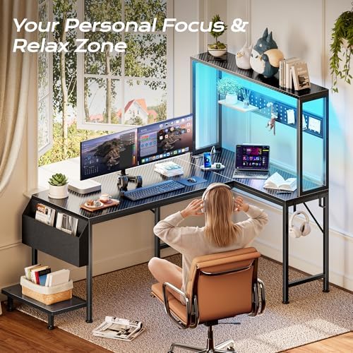 PRAISUN L Shaped Gaming Desk with LED Lights & Power Outlets - Image 6