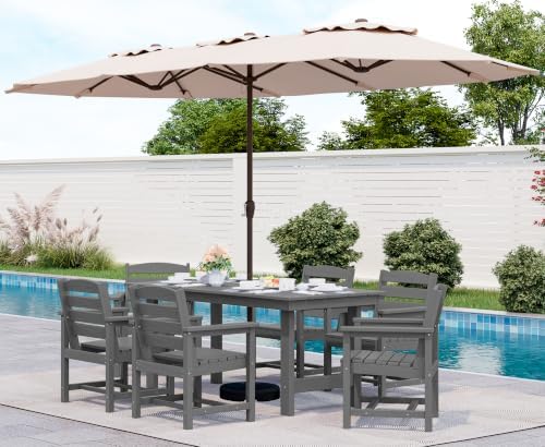 SERWALL HDPE Dining Set with Umbrella, Outdoor Dining Set for 6, Gray by SERWALL