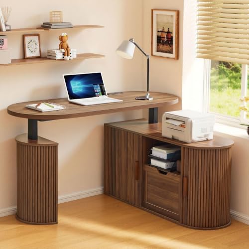 55" L Shaped Oval Electric Wood Standing Desk with Storage by HenstatechWarmFurniture