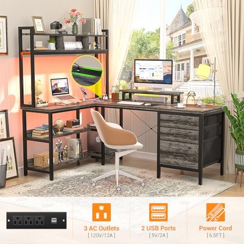 Aheaplus L Shaped Desk with Hutch, Gaming Desk with Led Lights, Reversible Computer Desk with Power Outlet, Corner Desk with File Drawer & Monitor Stand, Storage Shelves for Home Office, Black Oak - Image 4