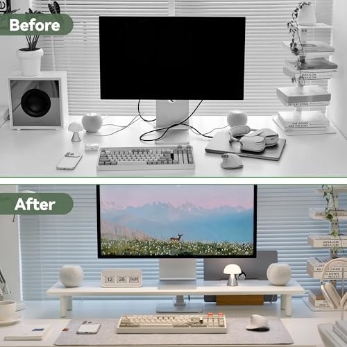 Bamboo Dual Monitor Stand Riser, White Desk Shelf with Storage - Image 5