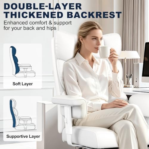 Misolant Big and Tall Office Chair with Footrest, High Back Executive Desk Chair with Adjustable Lift Armrest, 155°Recline，Lumbar Support Pillow, Faux Leather Gaming Chairs for Home All White - Image 6