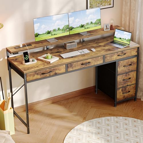 Huuger Gaming Desk with 6 Drawers, Computer Desk with LED Lights Power Outlets and Type-C, 55 Inch Office Desk with Storage, Monitor Stand, Writing Desk for Home Office, Rustic Brown, 1CD102F - Image 2