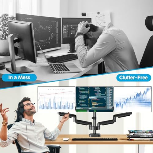 MOUNTUP Triple Monitor Mount for 17-32 inch Screens, Full Motion Triple Monitor Stand, 3 Monitors Desk Mount Holds 4.4-19.8 lbs Each, Clamp & Grommet Mounting, Black - Image 6