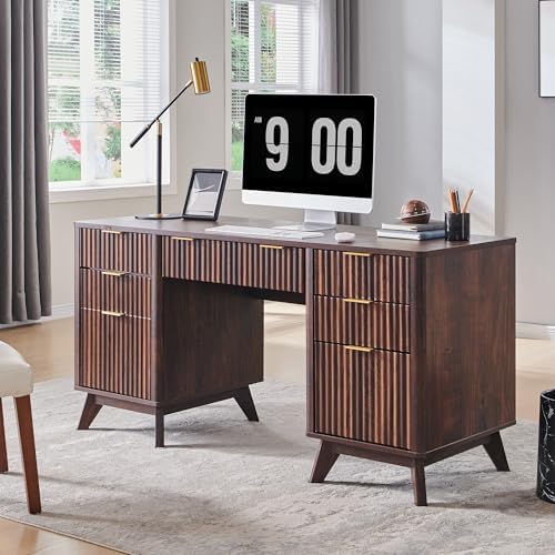 T4TREAM 60" Modern Fluted Executive Desk with Drawers, Dark Walnut by T4TREAMFurniture