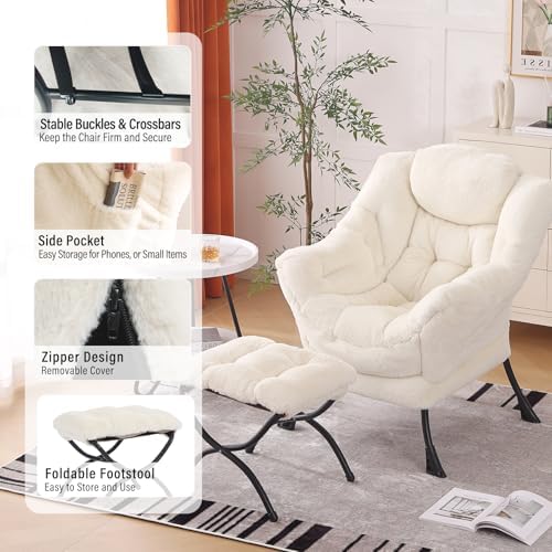 Furlide Lazy Chair with Ottoman, Comfy Plush Reading Chair for Bedroom，Beige - Image 5