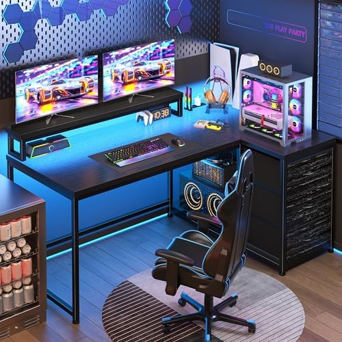 EnHomee 48" Gaming Desk with 3 Storage Drawers&LED for Teen Gamers, Reversible Corner Computer Desk with Power Outlet & Shelves for Home Office Bedroom, L Shaped Teen PC Desk with Monitor Stand,Black by EnHomee