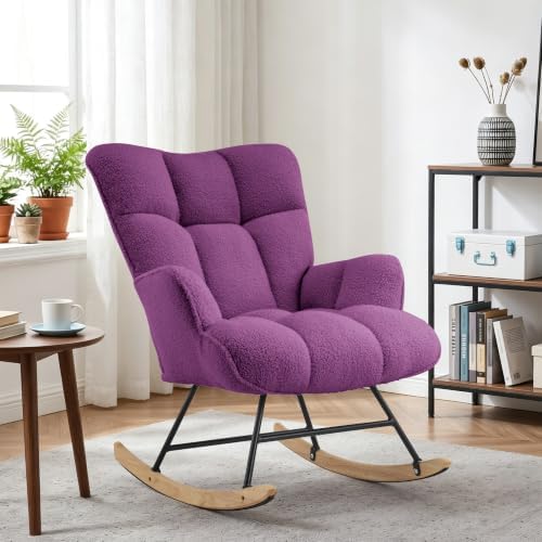 SAETSFEG Rocking Chair Nursery Teddy Upholstered Glider Rocker Rocking Accent Chair Padded Seat with High Backrest Armchair Comfy Side Chair for Living Room Bedroom Office, Grape Purple by SAETSFEG