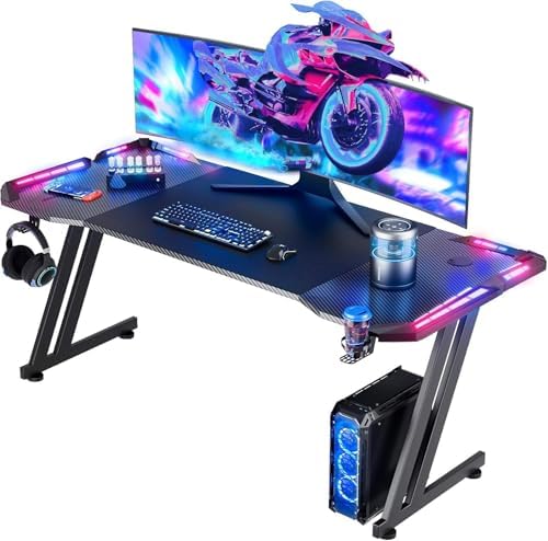 HLDIRECT 63 Inch Gaming Desk Z Shaped Carbon Fiber Computer Desk with LED by HLDIRECT