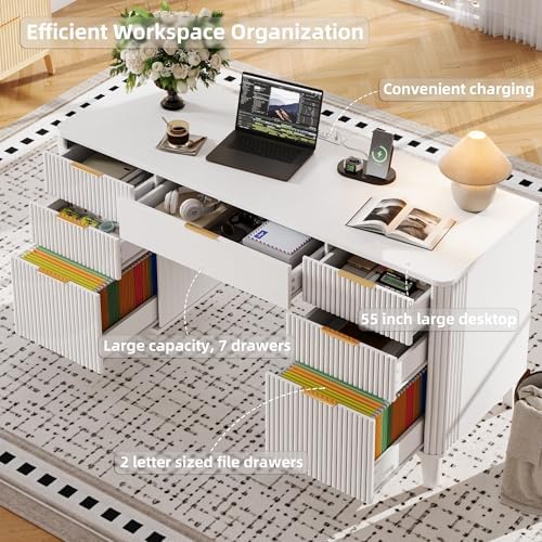 55.1" Fluted Executive Desk with Drawers, Wood Computer Desk with Storage Cabinet, Home Office Desk with Charging Station, Farmhouse Desk with File Cabinet for Office Home (White) - Image 3