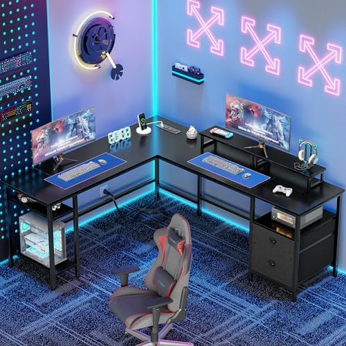 Furologee 66 Inch L Shaped Desk with 2 Drawers and Power Outlet, Black - Image 2