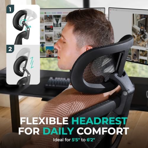 CAPOT Ergonomic Mesh Office Chair, Adjustable Lumbar High Back Desk Chair 400lbs, 4D Flip-up Arms, 3-Level Tilt Backrest, 3D Headrest, PU Wheels, Swivel Rolling Computer Seating for Long Desk Work - Image 5