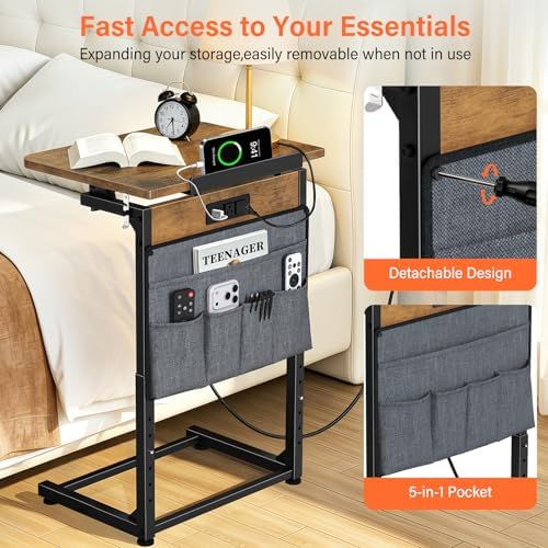 Small C Shaped End Table with Charging Station, Adjustable Height Sofa Side Table with Tilting Desktop, TV Tray Night stand with Storage Bag, Narrow Couch Table USB Ports Outlets Living Room Bedroom - Image 4