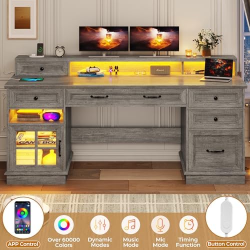BTHFST 59.1" Executive Desk with File Drawer, Charging Station, Grey - Image 5