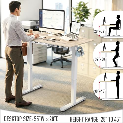 SHW 55 x 28 Electric Height Adjustable Standing Desk w/Drawer, Maple - Image 6