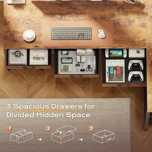 PRAISUN 55 Inch L Shaped Office Desk with Power Outlets and Type-C Port, Large Computer Gaming Desk with 3 Fabric Drawers, Mesh Shelves, Corner Study Work Writing Desk, Rustic Brown - Image 7