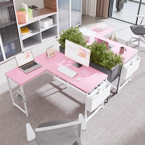 Pamray 47 Inch Reversible L Shaped Gaming Desk Corner Computer Desk with Storage Bag Home Office Table for Writing Study Pink - Image 5