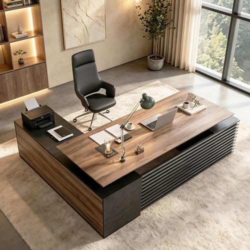SAINTCY L Shaped Executive Standing Desk with Drawers, 86.61In Large Modern Adjustable Heigh Home Office Desk w/Universal Charging Ports, Business Workstation, 2.56" Thick Floating Desktop by SAINTCY