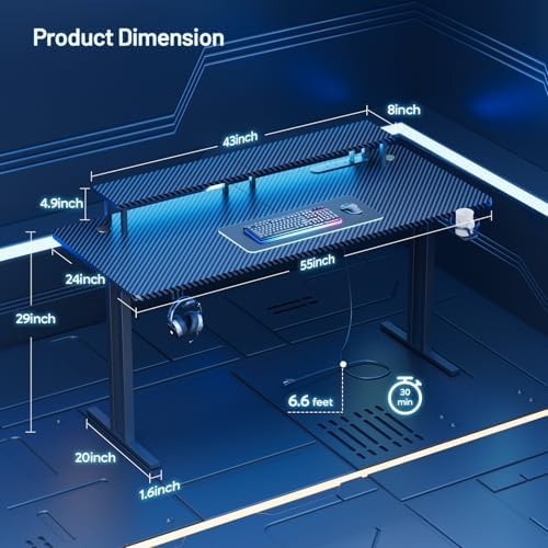 HLDIRECT 55 Inch Gaming Desk with LED Lights & Cable Management, Black - Image 3