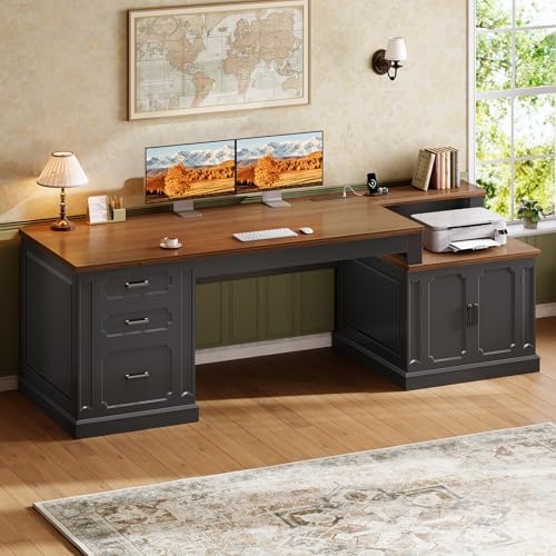 SEDETA Farmhouse 70.9" Executive Desk, Home Office Desk with File Drawers and Storage Cabinet, Computer Desk with Power Outlet for Home Office, Work Study Writing, Black+Brown - Image 3