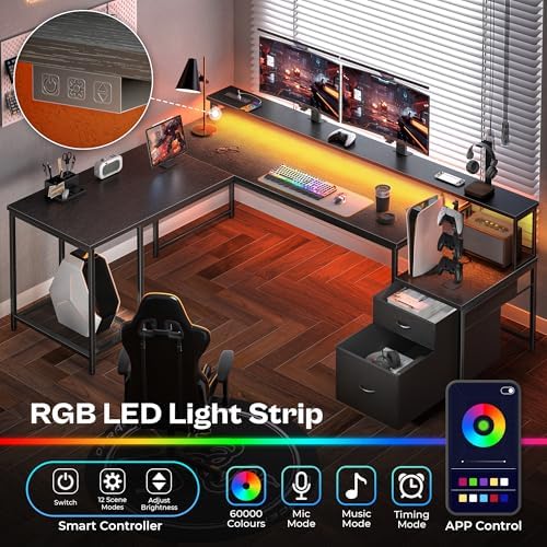 PRAISUN 66" L Shaped Gaming Desk with LED Lights & Power Outlets - Image 3