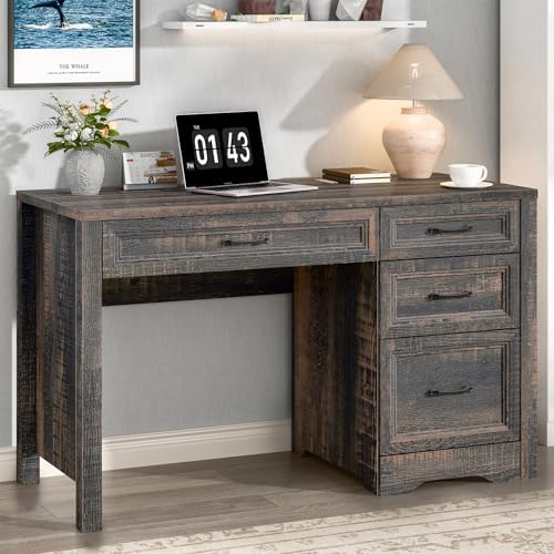 Vabches Farmhouse Executive Desk with Storage and Ample File Drawer, Rustic Large Home Writing Desk for Bedroom, Dark Oak by Vabches