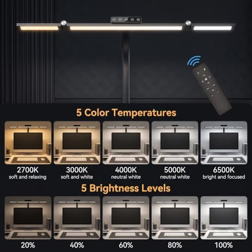 24W LED Clamp Desk Lamp, 3 Light Bars Architect Desk Light with Motion Sensor & Remote, Eye Caring Stepless Dimming Table Lamp for Home Office Study, Black - Image 2