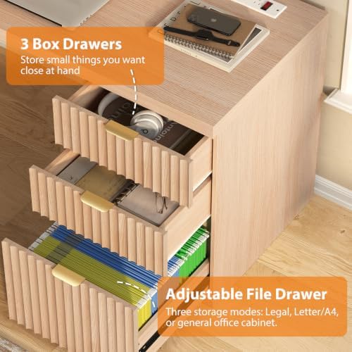 60" Fluted Executive Desk with Ample File Drawer & Large Charging Station, Wood Modern Home Office Desk with Storage, Computer Writing Desk for Work, Living Room, Bedroom, Durable & Sturdy, Natural - Image 5