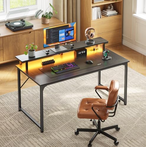 PRAISUN 40 inch Gaming Desk, LED & Power Outlets, Monitor Stand, Black - Image 2