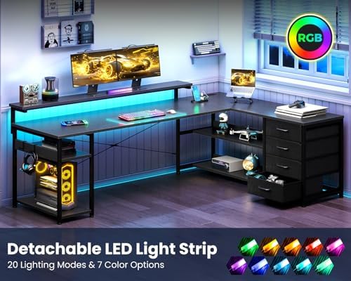 AODK 69" L Shaped Computer Desk with 4 Drawers, LED Lights, Black - Image 4