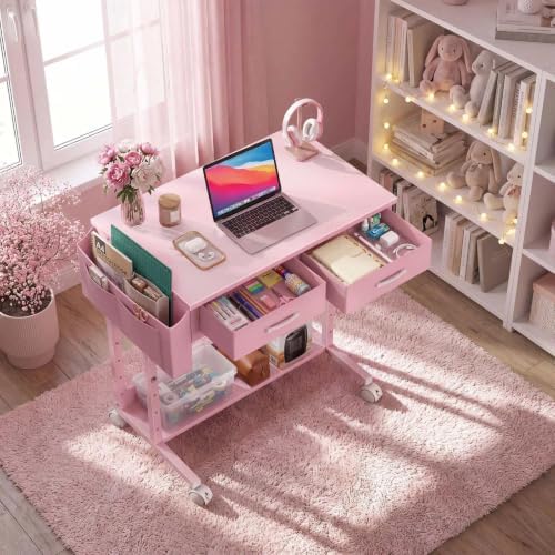 Pink Rolling Desk with Drawers, Small Height Adjustable Girls Standing Desk - Image 2