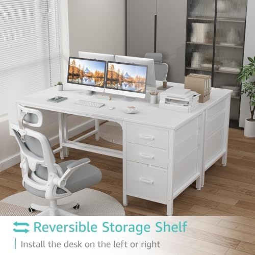 Lufeiya White Computer Desk with Fabric File Drawers Cabinet, 55 Inch Reversible Desks with Storage Filing Cabinet for Home Office, Modern Writing Table PC Desks for Bedroom, White - Image 4