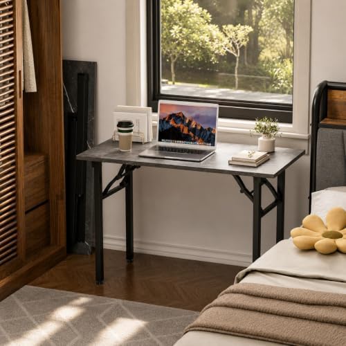 Folding Table Computer Desk - 43.3" No Assembly Folding Desk Design and Foldable Office Desk, Small Desk for Bedroom, Compact Storage Portable Use for Dorm and RV Small Space, Marble Greige - Image 2