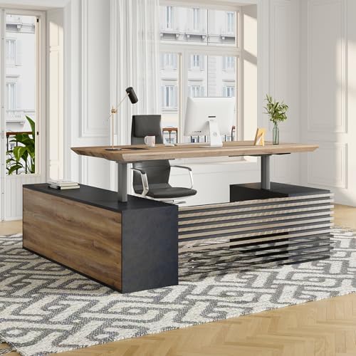 Electric Height Adjustable Executive Desk, Luxury L-Shaped Office Desk with Storage Cabinet & Charging Station, Solid Thickened Desktop, 78" Modern CEO Workstation for Home Office & Corporate Office - Image 3