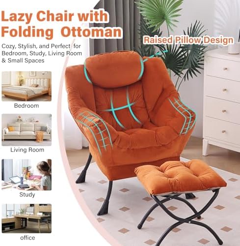 Furlide Lazy Chair with Ottoman, Velvet Reading Chair for Bedroom，Orange - Image 4
