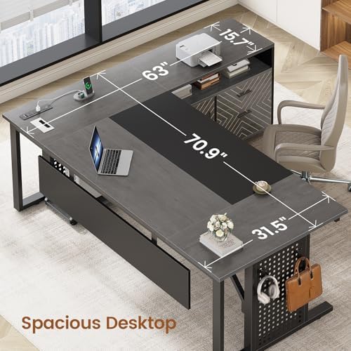 SEDETA 71" Executive Desk with Rolling File Cabinet, Large Office Desk with Drawers, L Shaped Computer Desk with Power Outlets, CPU Stand, Pegboard and Storage Shelves, Gray - Image 4