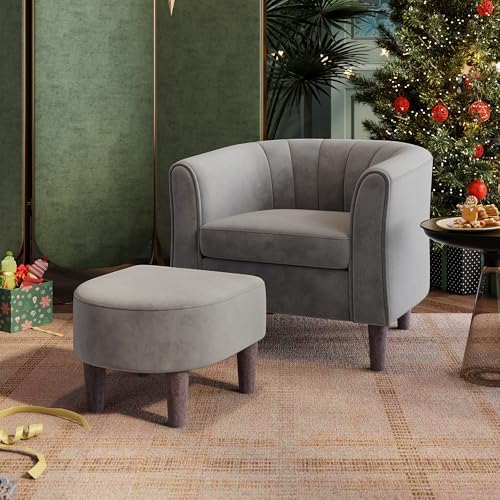 LINSY Accent Chair with Ottoman, Modern Armchair Comfy Barrel Reading Chair with Footrest for Living Room Bedroom Reading Room, Velvet, Light Grey by Linsy