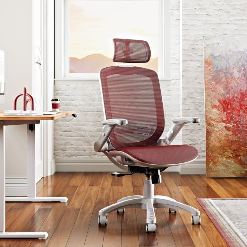 GABRYLLY Ergonomic Office Chair, High Back Home Desk Chair with 2D Flip-Up Arms, 3D Headrest, 90-120° Tilt and Wide Cushion, Big and Tall Mesh Chairs for Man Woman, Computer Task Chair Red - Image 2