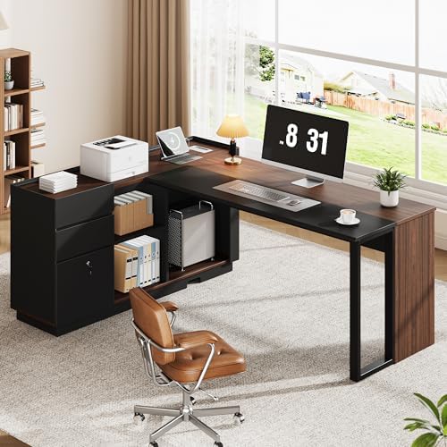 70" Executive Desk with Cabinet Storage, L-Shaped Office Desk with 3 Drawers and Shelves, Large Computer Desk Business Furniture for Home Office (Brown & Black) - Image 3